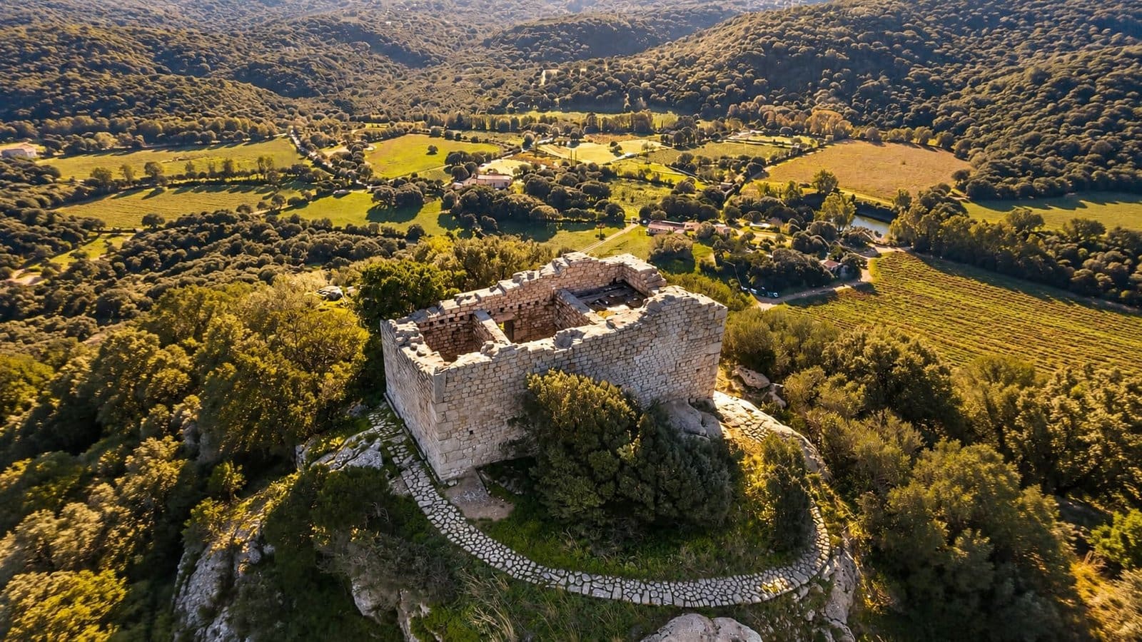 Aerial view of ancient stone ruins on a tree-covered hilltop in Sardinia, overlooking a green valley with fields and a