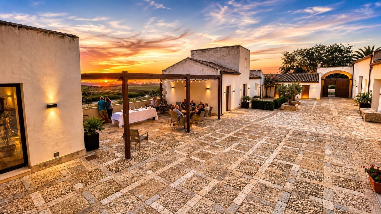 Outdoor dining area at Baglio Soria Wine Resort, Sicily, with guests enjoying sunset over vineyards.